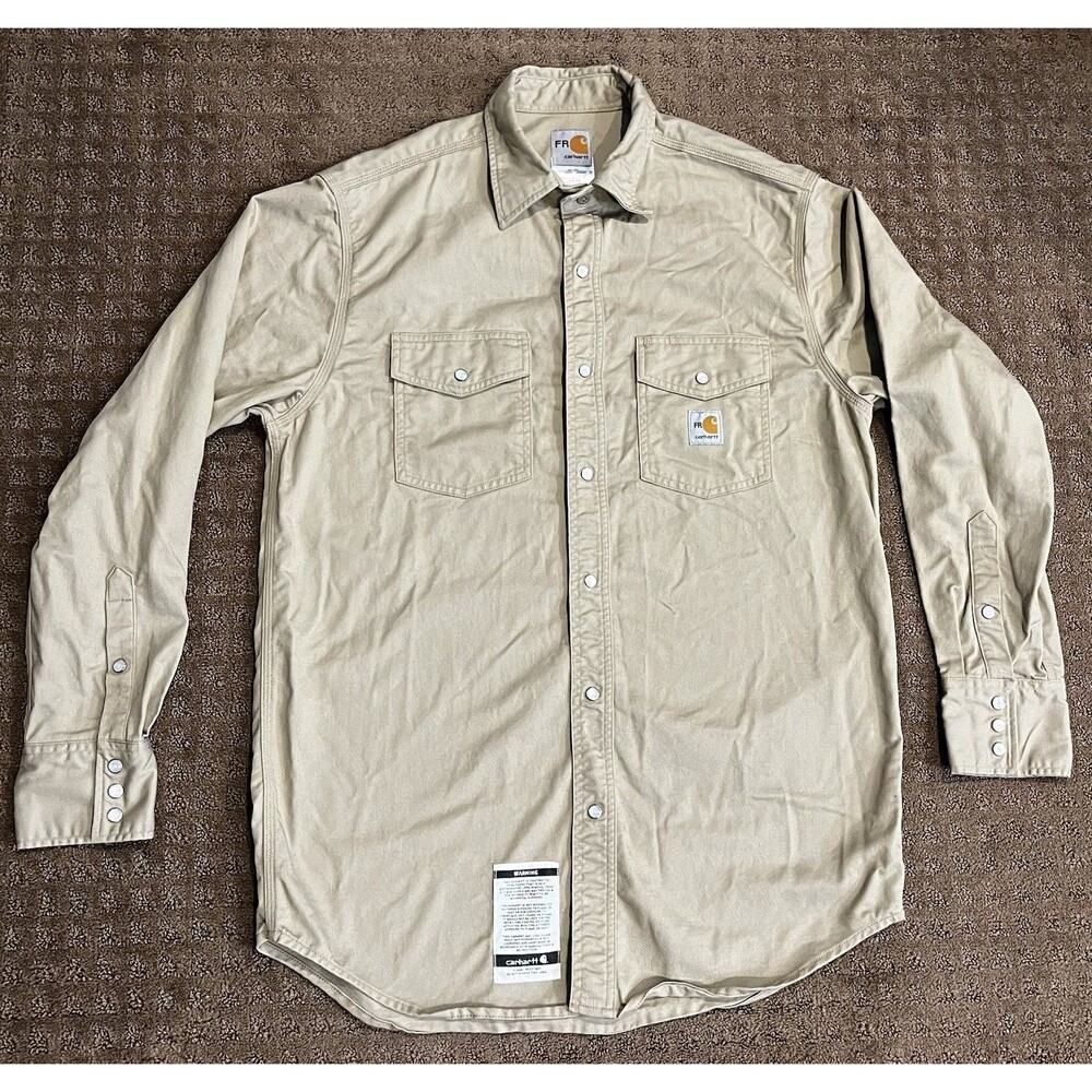 Carhartt FR Work Shirt Men’s Size Medium Rugged Outdoor Wear Pearl Snap Khaki